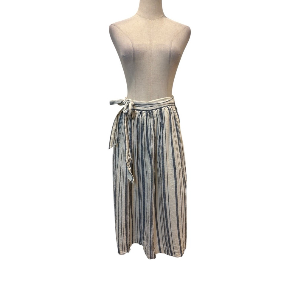 Zara Basics Linen Skirt Sz S Cream Blue Strip Button Side Pockets Minimalist